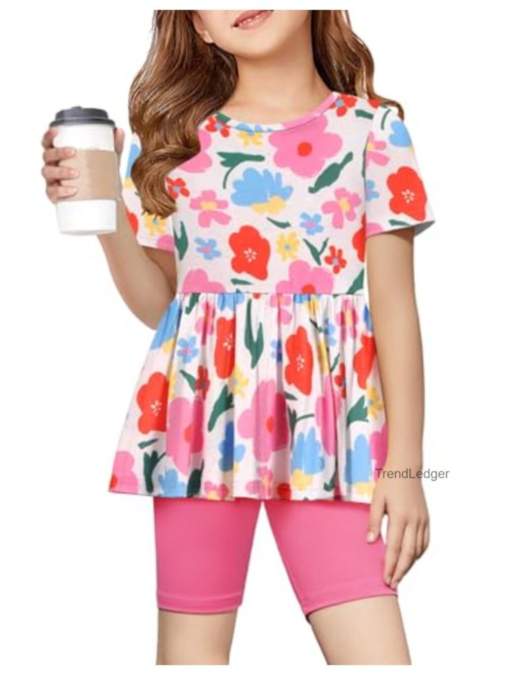 Girls 2pc Ruffle Hem Top & Biker Shorts Set Polyester Spandex Summer